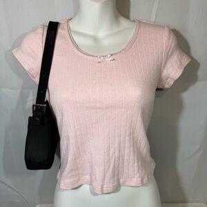 Just Polly New York Pink Ribbed Bow Detail Short Sleeve Top Size M